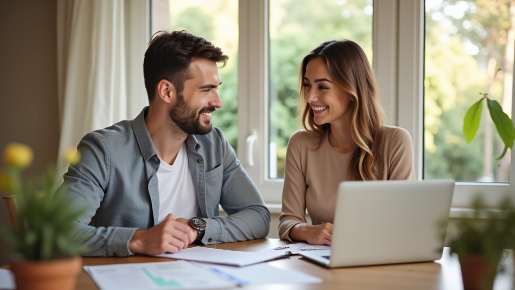 Parents planifiant leur budget avec ordinateur portable et documents financiers sur table