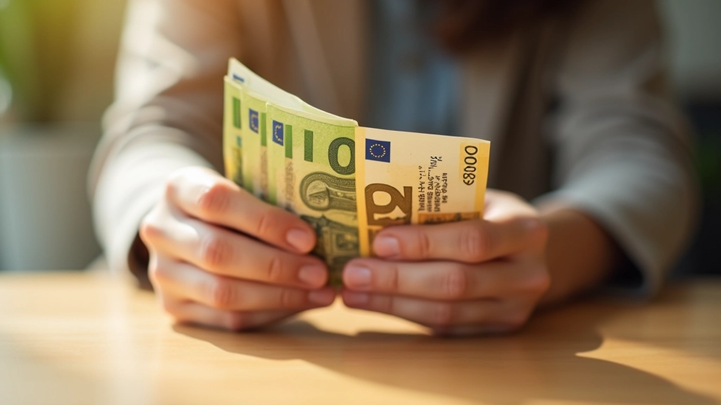 Mains de femme tenant des billets de banque avec sourire, symbole d'économies et de budget maîtrisé