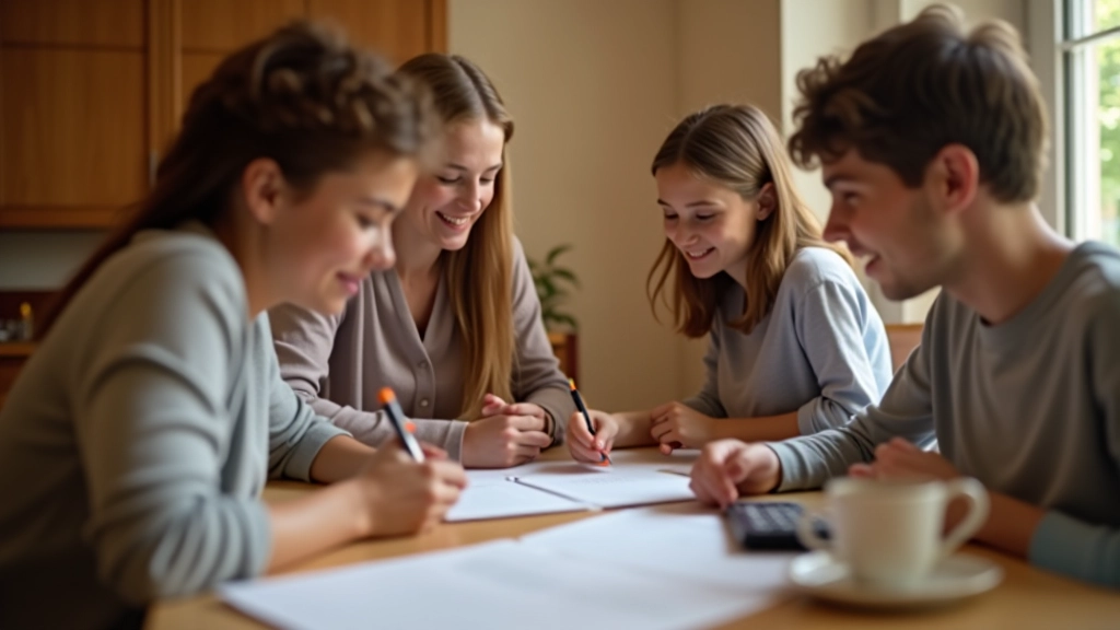 Famille heureuse planifiant ensemble leur avenir financier autour d'une table