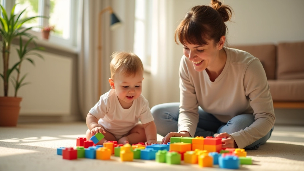 Parent et enfant en bas âge jouant avec des blocs de construction colorés à la maison