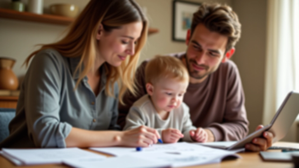 Parents planning family budget with child playing nearby