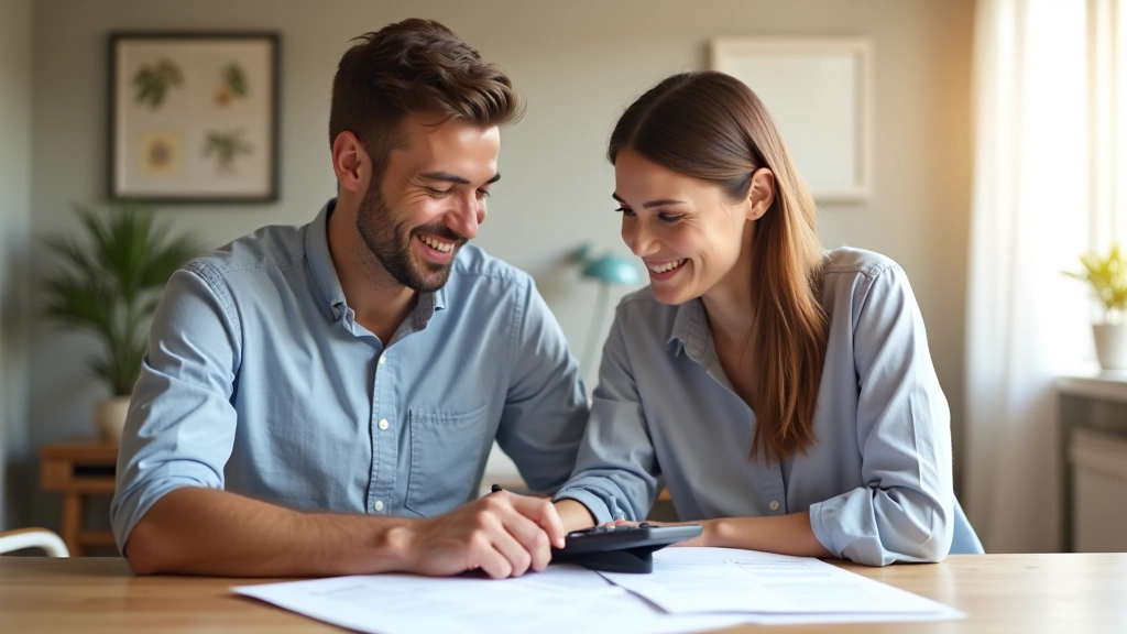 Couple jeune assis à une table avec des documents hypothécaires, calculatrice et tasse de café, discutant du plan d'épargne pour le logement