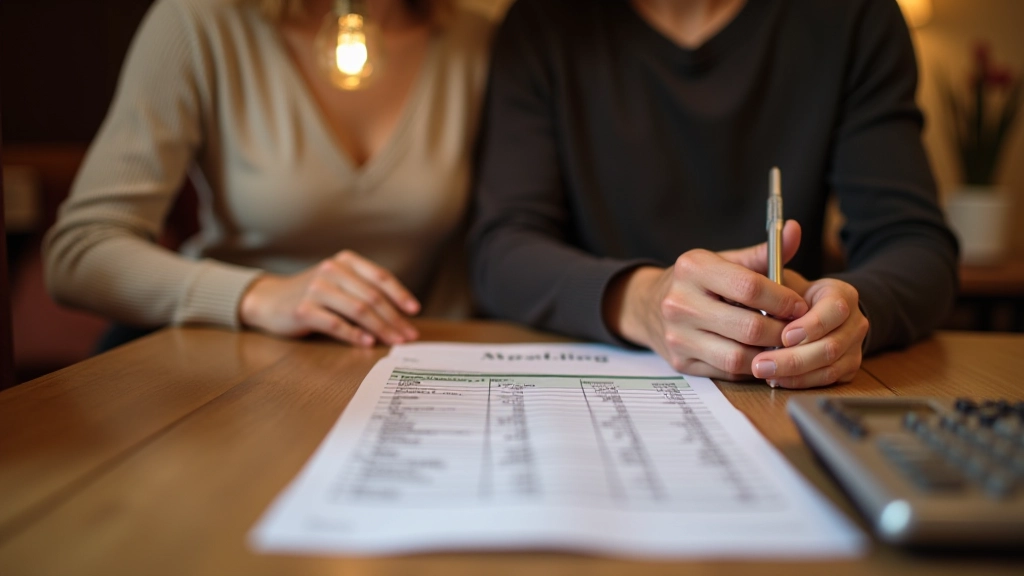 Couple planning wedding budget with documents and calculator