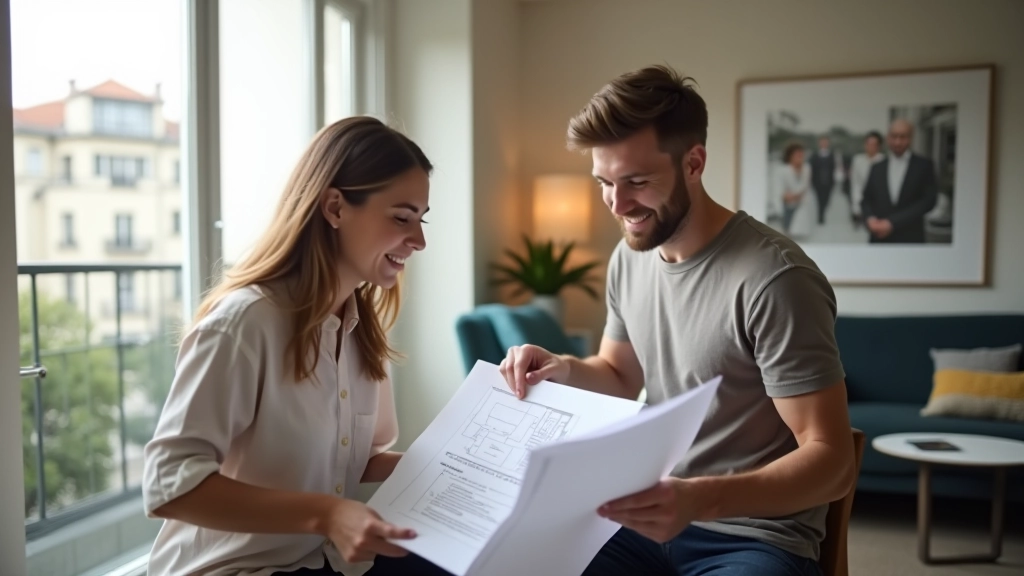 Family viewing apartment with real estate agent, checking documents